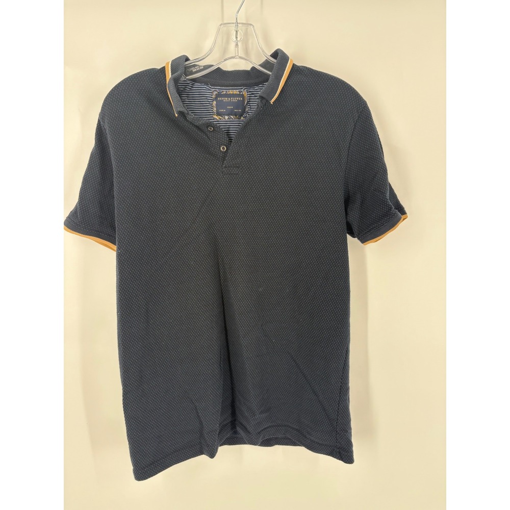 DENIM & FLOWER RICKY SINGH Mens US M Textured Polo Shirt Navy Orange Trim